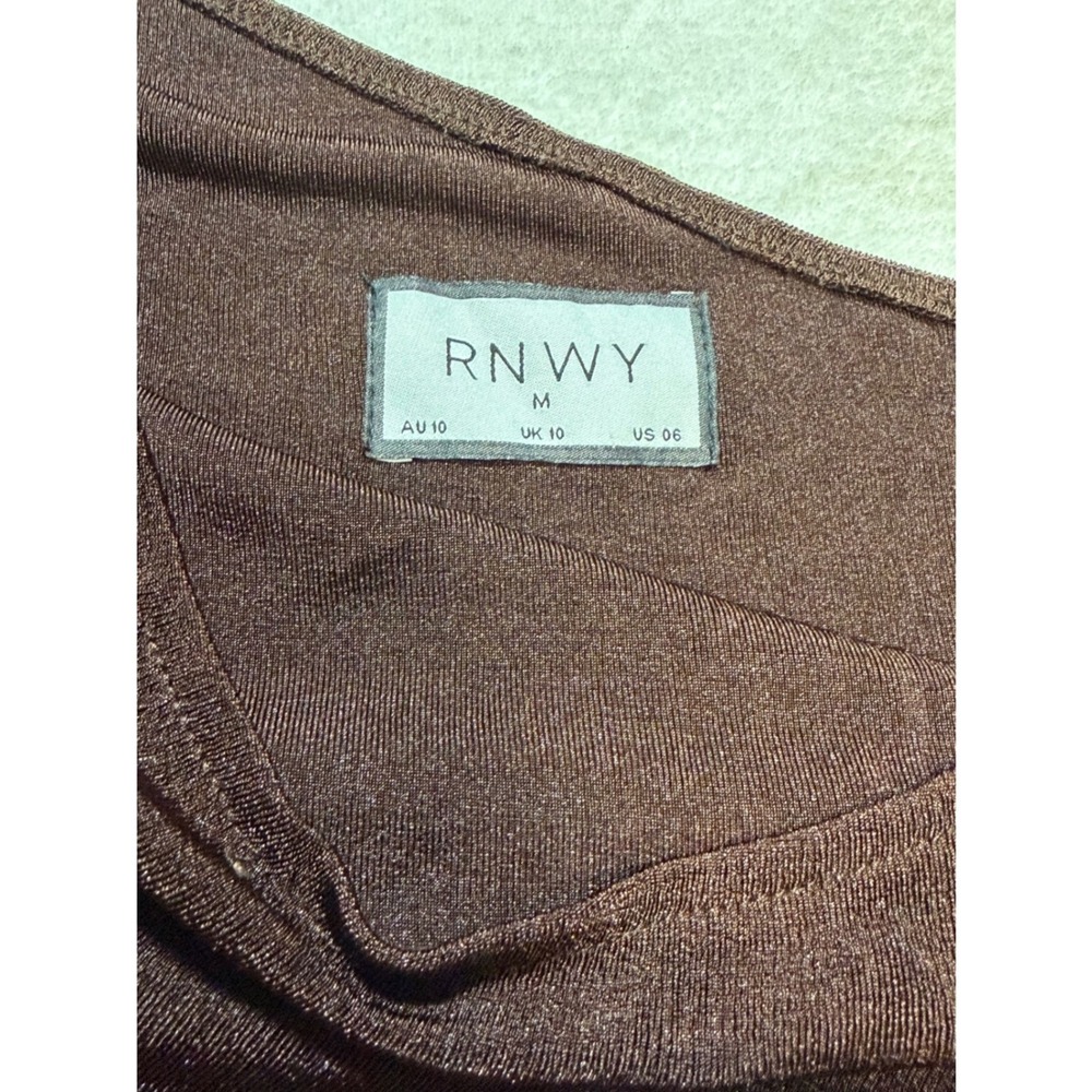 RNWY Brown One Shoulder Ruched Maxi Dress Side Slit Metallic Slinky M US 6 - Picture 4 of 10